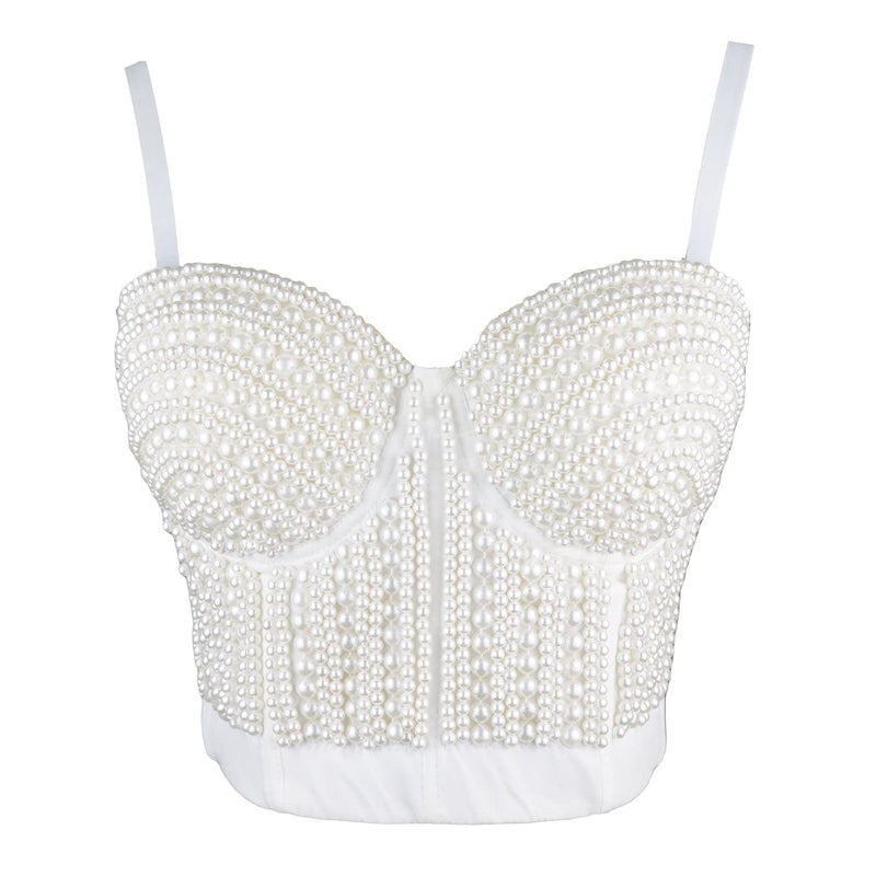 ELLACCI Woment's Pearls Beaded Bustier Crop Top Club Party Sexy Corset Top Bra White Medium - Image 2